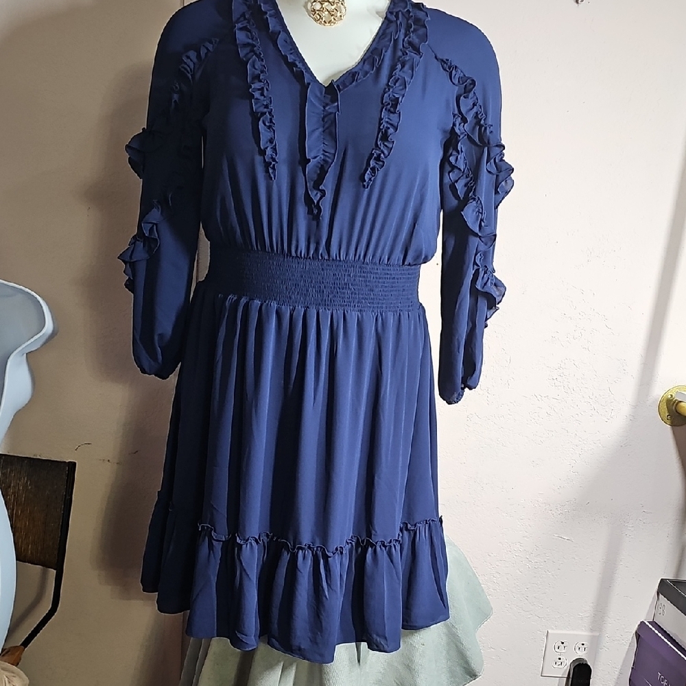Chico's Blue Ruched Ruffle Sundress V-Neck